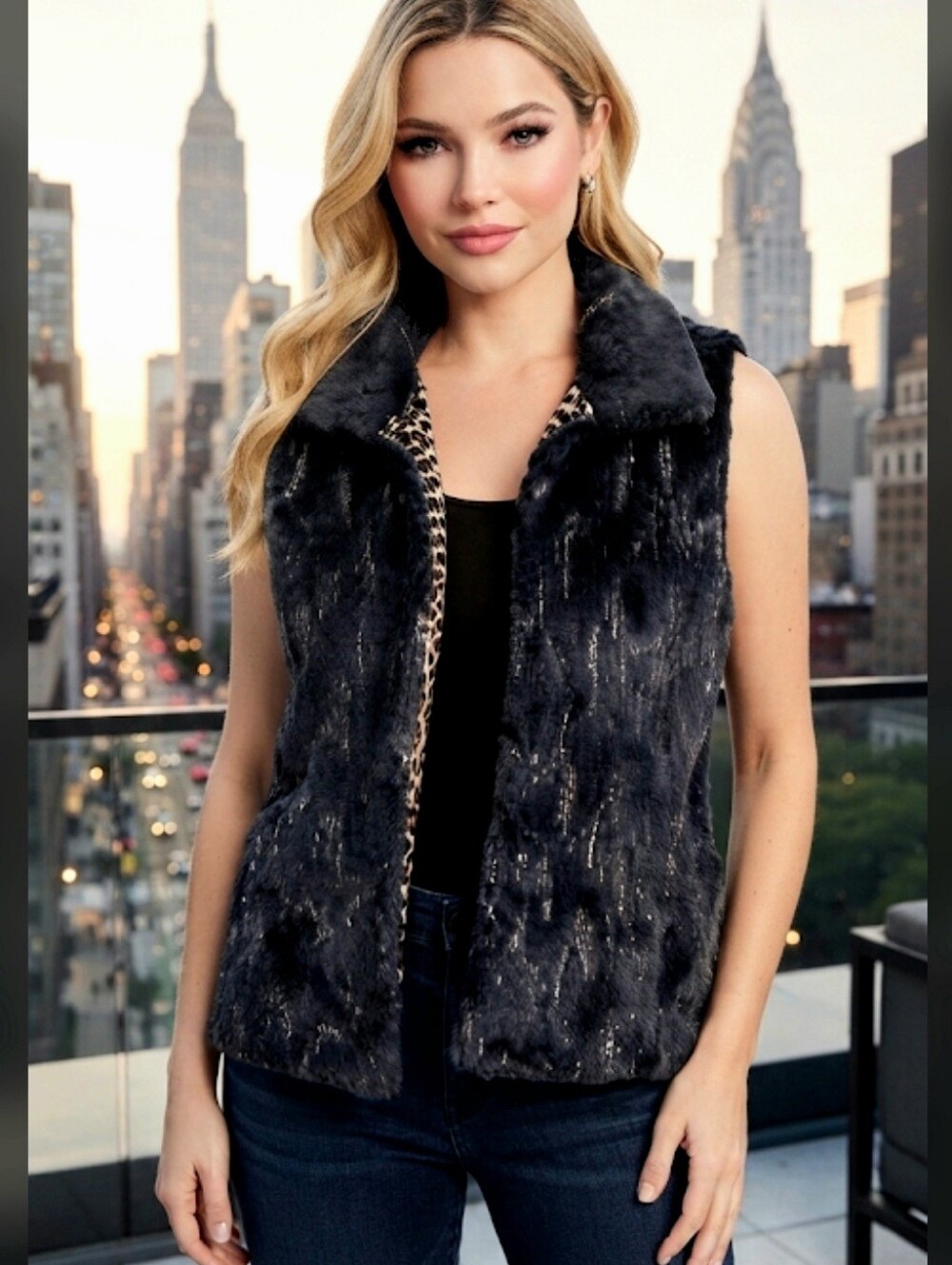 Betsey Johnson Faux Fur Sequin Vest Dark Charcoal Gray Leopard Lining Medium